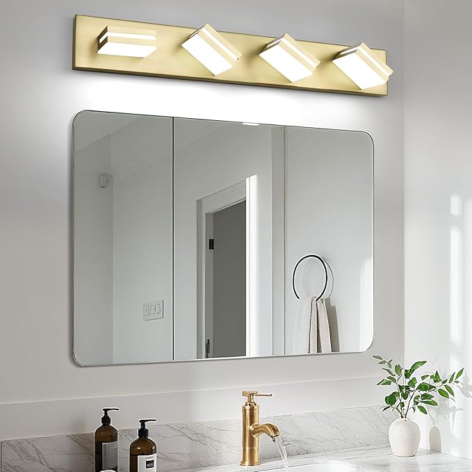OKELI 5 Lights Bathroom Vanity Light Fixtures Gold LED Dimmable Vanity Light Over Mirror Modern Wall Mounted Lighting Fixture, 350° Rotatable Lamp Head 24W Cold White 6000K ETL Listed