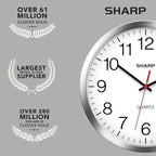Sharp Wall Clock – Silver/Chrome, Silent Non Ticking 12 Inch Quality Quartz Battery Operated Round Easy to Read Home/Kitchen/Office/Classroom/School Clocks, Sweep Movement