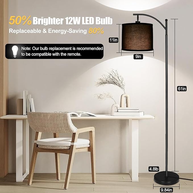 LED Floor Lamps for Living Room, 12W Modern Arc Floor Lamp with Remote & Adjustable Linen Lampshade, Stepless Dimmable Tall Standing Lamp for Bedroom Office Reading (Black Shade)