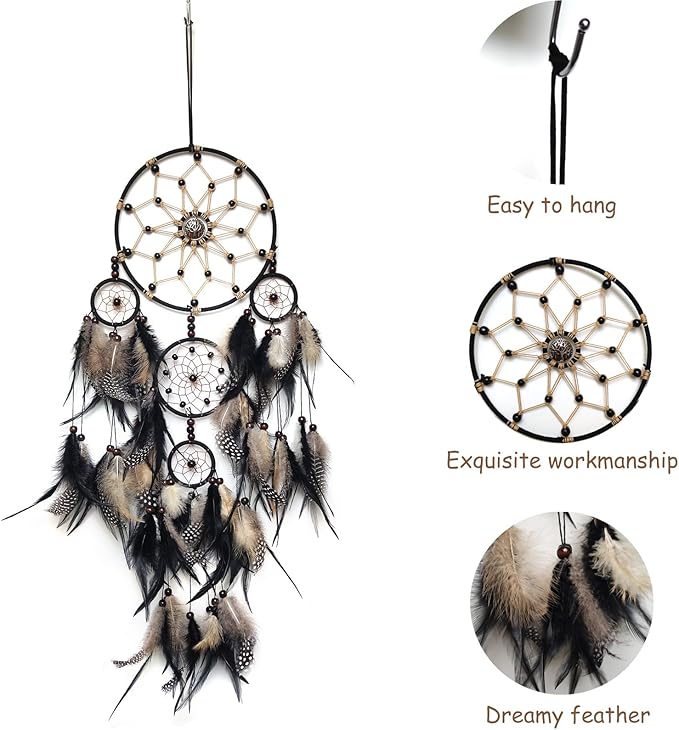 Large Dream Catcher Wall Decor Brown and Black Dream Catchers with Tree of Life Pendant Bead Handmade Feather Dreamcatcher Wall Hanging Ornament for Bedroom Living Room Home Decor