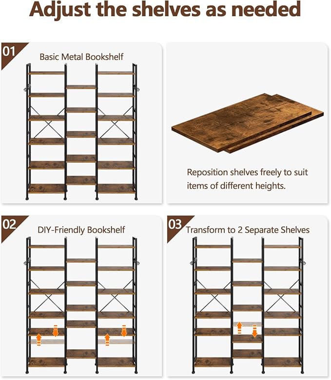 Furologee Triple 6 Tier Bookshelf, Bookcase with 17 Open Display Shelves, Wood and Metal Shelf Storage Organizer,Industrial Wide Shelving Unit for Living Room,Home Office,Rustic Brown