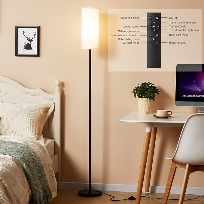Ambimall Floor Lamps for Living Room, 64" Modern Floor Lamp with Remote Control and Stepless Dimmable Colors Temperature & Brightness, Standing Lamps for Living Room Bedroom Office, 9W Bulb Included