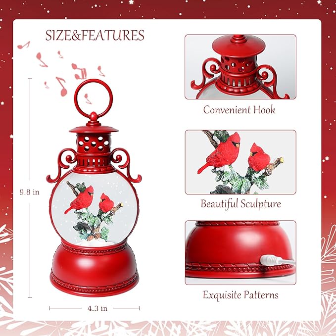 Snow Globes, Cardinal Snow Christmas Lantern, 8 Songs, 6H Timer Battery & USB Powered Glitter Music Box, Gifts for Men and Kids,Christmas Table Decorations Home Decor