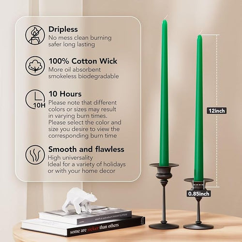 12-Inch Tall Dripless Taper Candles Set of 4 - Emerald Tapered Candles, Perfect for Spring - Smokeless, Unscented, Long Burning - Hand Poured, Colored Tall Candlesticks - Jade