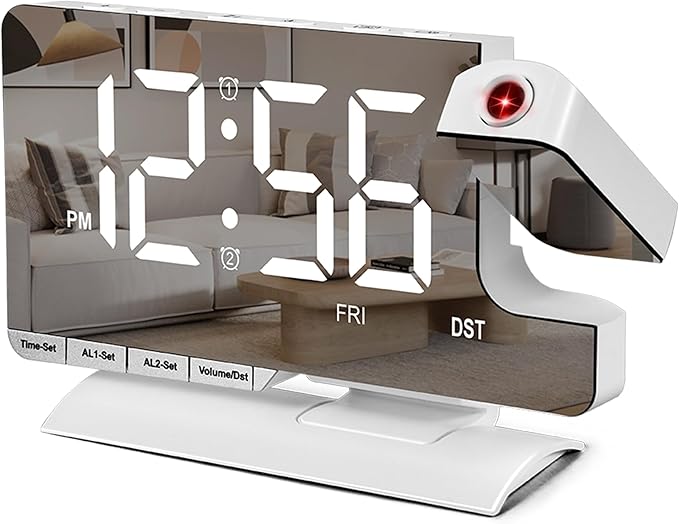 SZELAM Digital Clock,Alarm Clock Bedside with Projection,7.3" Mirror Clock with 180°Rotating Projector,Dual Alarm with 3 Mode,Brightnee Adjust,DST,Snooze,Charging Port,5 Levels Volume for Desk Teens