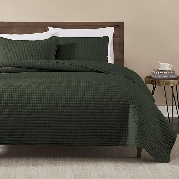 WRENSONGE Queen Quilt-3 Pieces Lightweight Bedspreads Dark Green Queen Size Quilt Bedding Set for All Seasons, Soft Summer Coverlet with 2 Pillow Shams Suitable for Bed, Couch