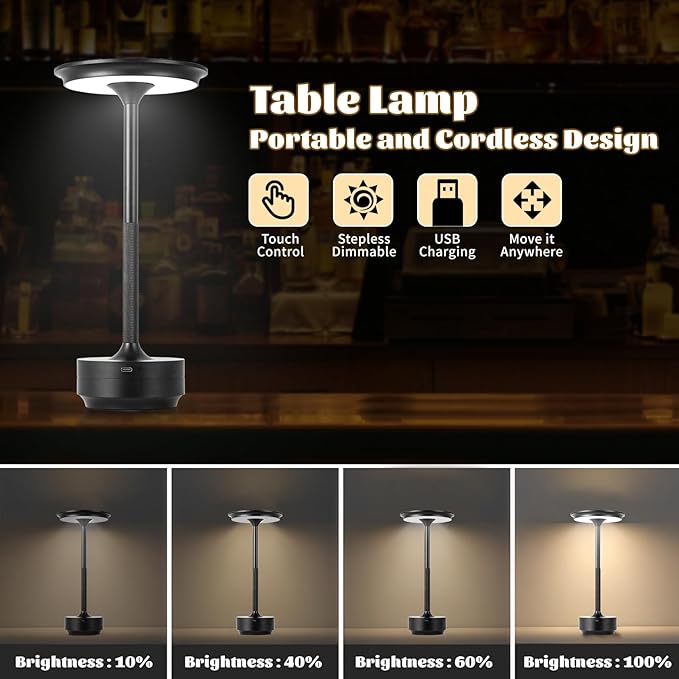 Rechargeable Cordless LED Table Lamps Touch Sensor Light, 3-Levels Portable Dimming Wireless Battery Operated Lamp，Nightstand Lamp/Night Light/Restaurant Table/Outdoor/Coffee/Bar (Black)