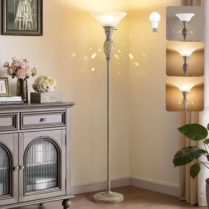 70" Torchiere Floor Lamps with NightLight - Victorian Style Vintage Floor Lamp for Living Room, Bedroom, Office - Retro Floor Lamps with Rotary Switch & Etched Glass Shade, Home Decor, Bulb Included