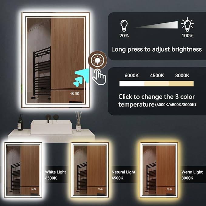 24“ x 36” LED Mirror for Bathroom Front and Backlit Anti-Fog Dimmable 3 Colors LED Bathroom Mirror with Lights Memory Function Smart Mirror Wall Mounted Horizontal/Vertical ETL Listed