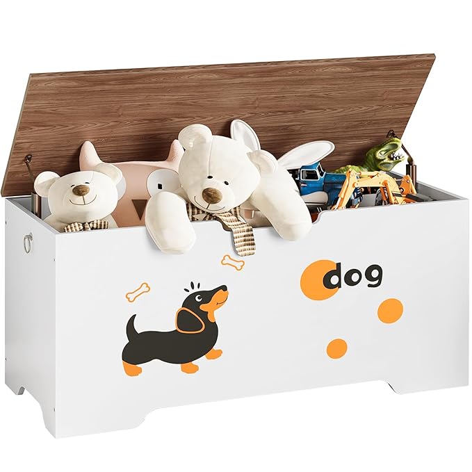 HOOBRO Toy Box, Toy Chest with 2 Safety Hinges, 43.3" Storage Bench, Wooden Storage Chest, for Entryway, Bedroom, Living Room, White and Walnut WH495CW01