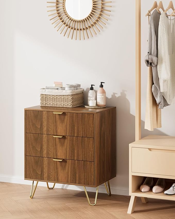 Fluted 3 Drawer Dresser for Bedroom, Modern Storage Bedroom Dresser Chest Cabinet Organizer with Anti-Tip Hardware for Living Room, Dressing Room, Kids Room, Office (Walnut)