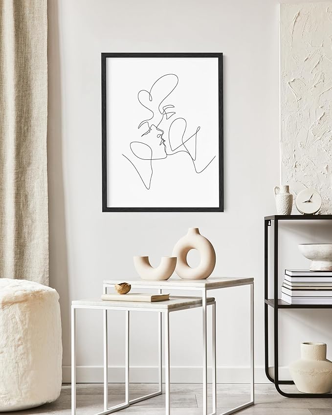 Minimalist Couple Art Wall Art Print Couple Kiss Abstract Line Drawing, Gallery Quality 16"x20" Black Framed, Abstract Love Aesthetic Decor Bedroom Living Room
