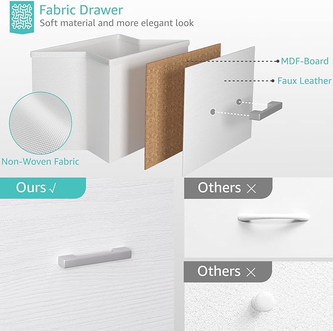 BOLUO White Dresser with LED Light and Charging Station for Bedroom 6 Drawer Dresser with USB Outlet, Fabric Dressers & Chests of Drawers Modern