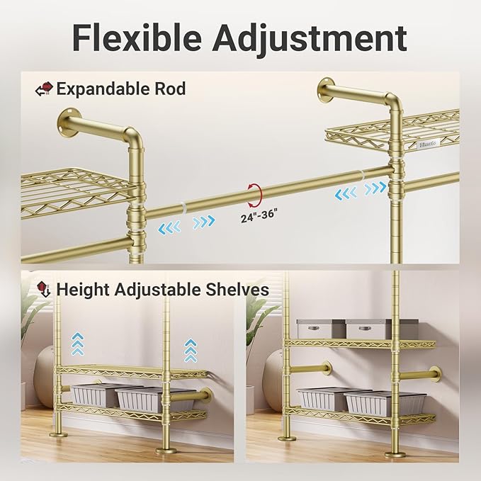 Timate U4 U Shape Garment Rack Heavy Duty Clothes Rack for Hanging Clothes, Expandable Industrial Pipe Clothing Rack Wall Mounted Closet Extra Large Closet Rack Walk in Closet System, Closet Kit Gold
