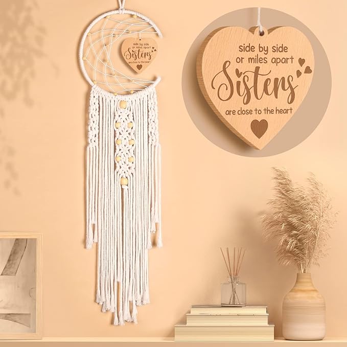 Sisters Gifts for Christmas from Sisters Brother, for Women Decoration Dream Catcher with Heart Pendant, Birthday Gift for Sister in Law, Soul Sisters, Boho Home Wall Decor