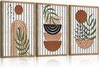 Large Boho Mid Century Wood Wall Art Set Modern Bohemian Wooden Wall Decor Minimalist Leaf Art Decor Abstract Geometric Wall Sculptures for Living Room Bedroom Office-16x24Inchx3