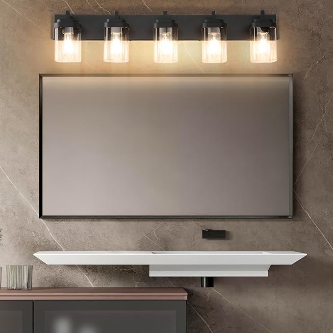 Vanity Light Fixture,5-Light Vanity Light for Bathroom,Matte Black Bathroom Vanity Lighting Over Mirror with Square Clear Glass Shade for Restroom