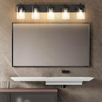 Vanity Light Fixture,5-Light Vanity Light for Bathroom,Matte Black Bathroom Vanity Lighting Over Mirror with Square Clear Glass Shade for Restroom