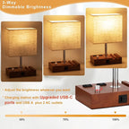 Kakanuo Fully Dimmable Nightstand Lamp for Bedroom with USB C Ports, Small Bedside Table Lamp with Charging Outlets and Phone Stands, Vintage Wooden Desk Lamp for Living Room, LED Bulb Included