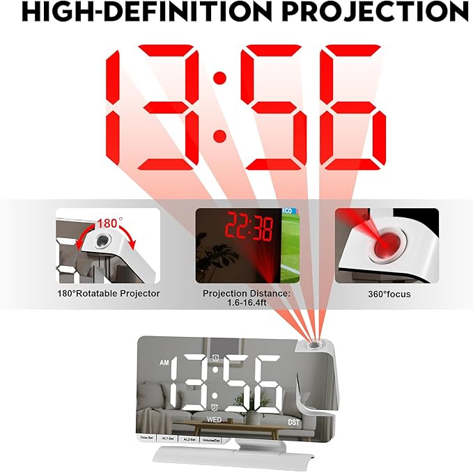 Amgico Projection Alarm Clock,Digital Clock with Projection,7.3" Mirror Clock with 180°Rotating Projector,Dual Alarm with 3 Mode,Bright Adjust,DST,Snooze,Charging Port,5 Levels Volume for Desk Teens