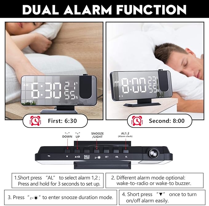 Projection Alarm Clock for Bedroom Ceiling Digital Clock Radio with USB Charger Ports 180° Rotatable Projector, 12/24H,Snooze,Dual Loud Alarm Clock (Black)