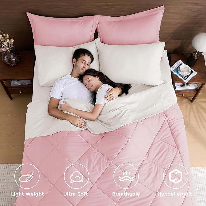 HEVUMYI King Comforter Set - 7-Piece All Season Bed in a Bag King, Ultra Soft Bedding Set with Comforter, Flat Sheet, Fitted Sheet, Pillowcases, Pillow Shams, Pink & Ivory