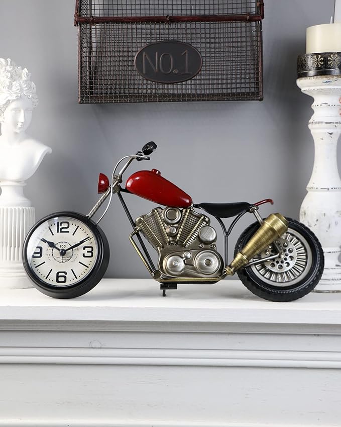Vintage Motorcycle Desk Clock, Red, Battery Operated, 17.3 in L, 2.5 in W, 7.8 in H