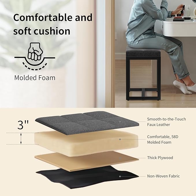 Vanity Stool, Vanity Chair Stools for Makeup Room, Square Linen Makeup Stool for Vanity, Modern Padded Small Ottomans Foot Rest for Bedroom Living Room, Dark Grey&Black