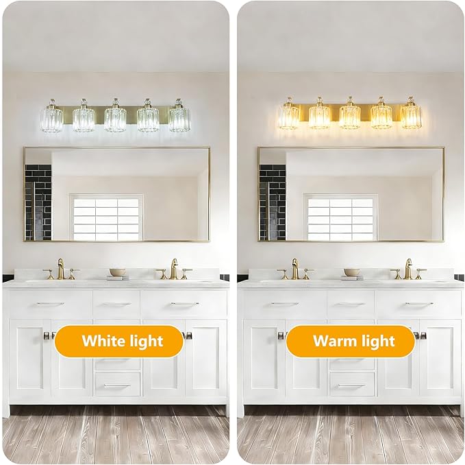 5-Lights Brushed Brass Bathroom Light Fixture Gold Vanity Lights Modern Crystal Bathroom Vanity Lighting Over Mirror Wall Sconce with K9 Crystal Shade E26 Base for Living Room, Bedroom Wall Lamp