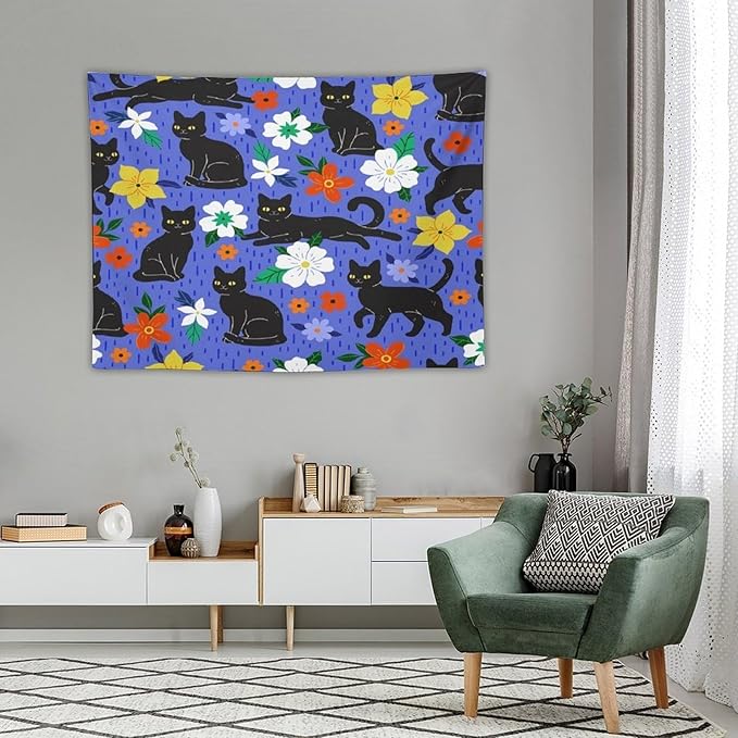 VUMIVI Black Cat Floral Tapestry Red White Hand-Painted Flowers Cute Animals Kids' Doodles Tapestry Wall Hanging for Living Room Bedroom Dorm Classroom Aesthetic Decor W40xL30in