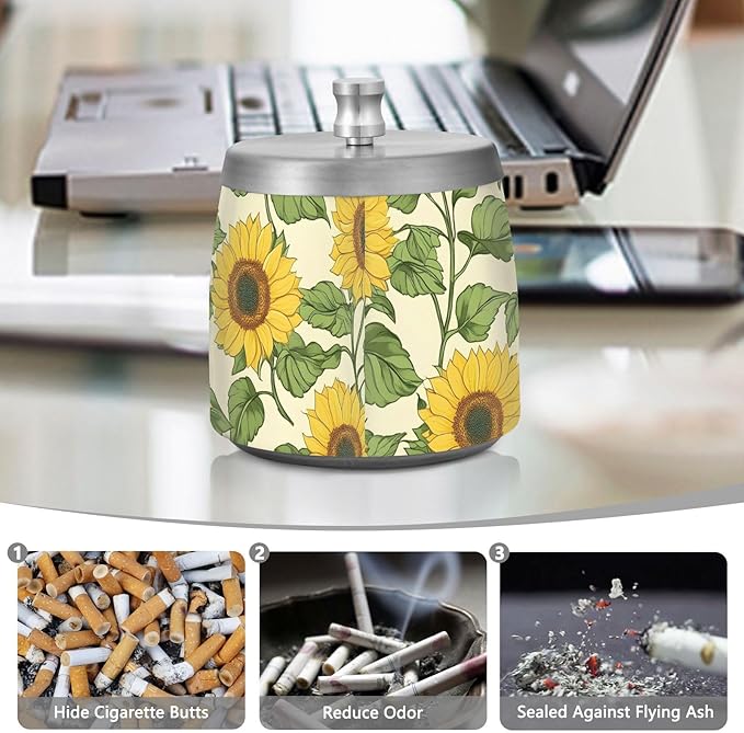 Sunflower Ashtray with Lid, Outdoor Ashtrays for Patio, Stainless Steel Ashtray Odorless Smokeless for Home Office Balcony