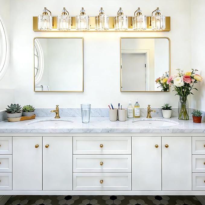 6-Light Modern Vanity Lights Brushed Brass Bathroom Light Fixtures Over Mirror Gold Bathroom Vanity Lighting with Crystal Shade E26 Base Wall Sconce for Bedroom Living Room Restroom Wall Lamp