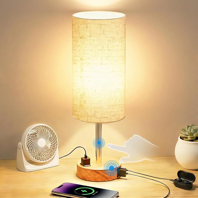 Bedside Table Lamp, High-Sensitivity Touch, 3-Level Dimmable Nightstand Lamp with AC Outlet | USB | and USB-C, Ideal Desk Lamp for Bedside, Bedroom, Reading, Living Room(LED Bulb) (Warm)