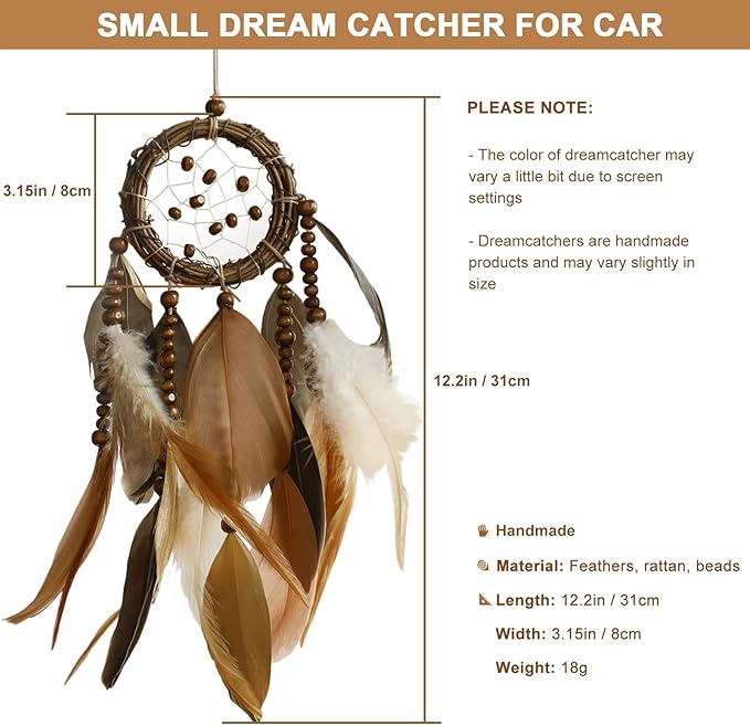 Mini Dream Catcher for Car Rear View Mirror Accessories - Handmade Small Brown Dreamcatchers Boho Car Charm Interior Decor, Native Ameican Indian Hanging Ornament Room Decor