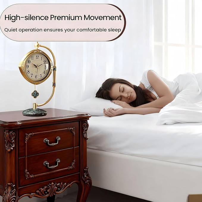 Quartz Movement Brass Mantel Clock with Long Power Reserve - Vintage Style Table Clock with Marble Base,Silent Home Decor for Living Room and Office
