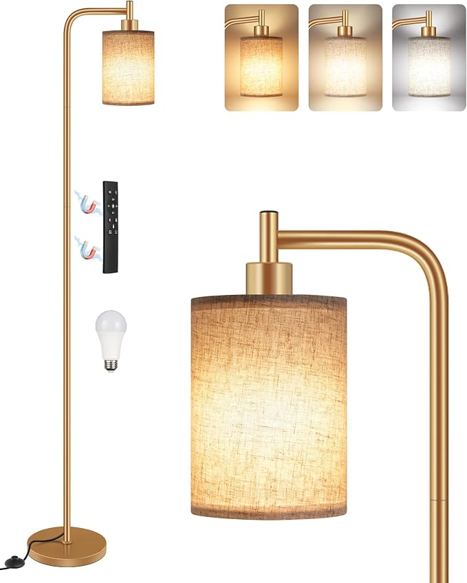 Dimmable Floor Lamp for Living Room with Remote and Foot Switch, Modern Standing, Corner Lamp,10W Bulb 3 Color Temperatures, for Bedroom, Office, Corner, ETL Listed, Gold and Beige DE19LD05