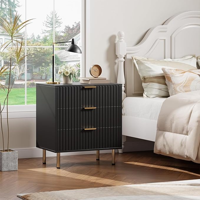 GarveeHome 3 Drawer Dresser for Bedroom, Fluted Modern Nightstand with Deep Drawers, Chest of Drawers with Wide Top, Wooden Dresser Organizer, Side Table for Living Room, Hallway, Kids Room, Black