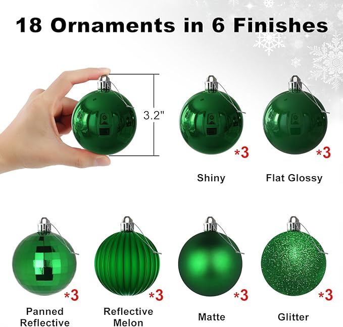 Emerald Green 3.2" Large Christmas Balls - Christmas Tree Decoration Ornaments Shatterproof Hanging Balls for Birthday Halloween Holiday Wedding Decorations Set of 18pcs
