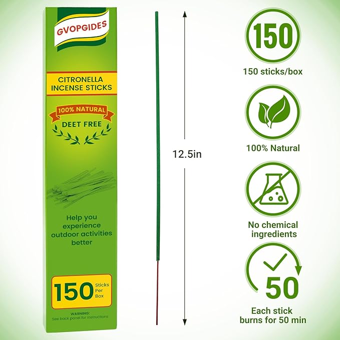 Citronella Incense Sticks 150 Sticks/Made with Natural Plant Based Ingredients/Citronella Oil/Lemongrass Oil/Rosemary Oil/150 Pcs