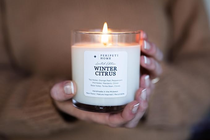 PERIPETI Home Winter Citrus Scented Candle, Classic Wick – 8.5oz Natural Soy Wax for Energizing Aromatherapy, Long-Lasting Burn