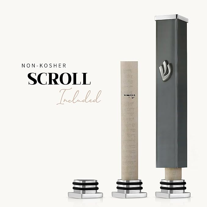 SURI Small Mezuzahs – 3.8 Inch Gray Aluminum Jewish Door Mezuza Cover with Printed Scroll Set, Contemporary Shin Design, Fits a 3 Inch Scroll, Self-Stick Adhesive, Gift Box Included