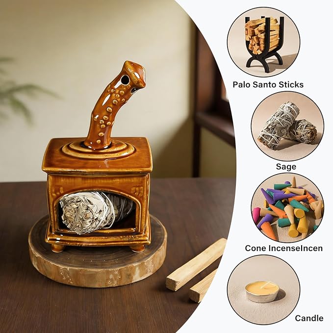 Farmland Brown Ceramic Palo Santo Holder & Mini Chiminea Smudge Bowl - Versatile Burner for Sage Sticks, Incense Cones, Copal & Candles - Perfect for Yoga,Zen Ash,Meditation & Mindfulness
