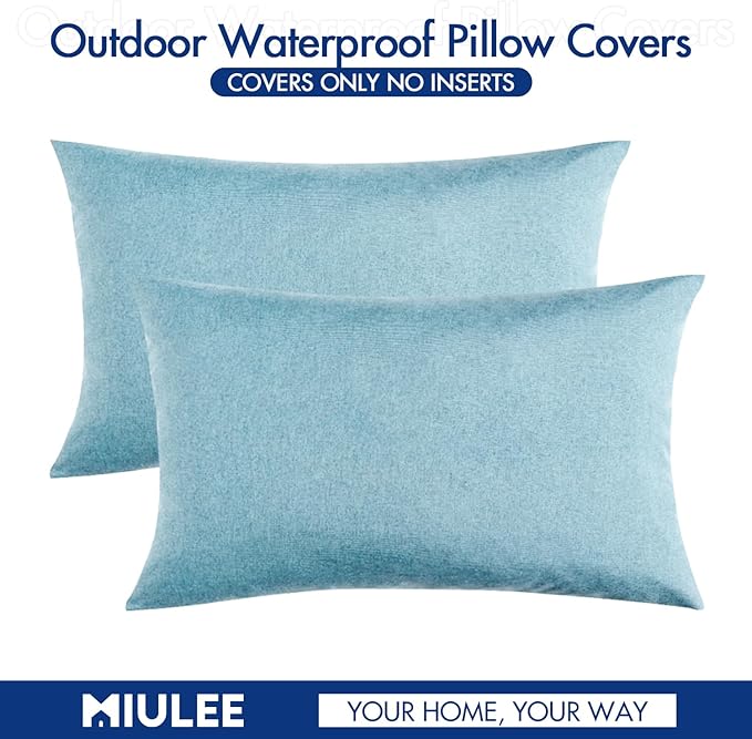MIULEE Pack of 2 Decorative Outdoor Solid Waterproof Throw Pillow Covers Faux Linen Garden Farmhouse Coastal Cushion Cases for Summer Patio Tent Balcony Couch Sofa 20x12 Inch Blue Gray
