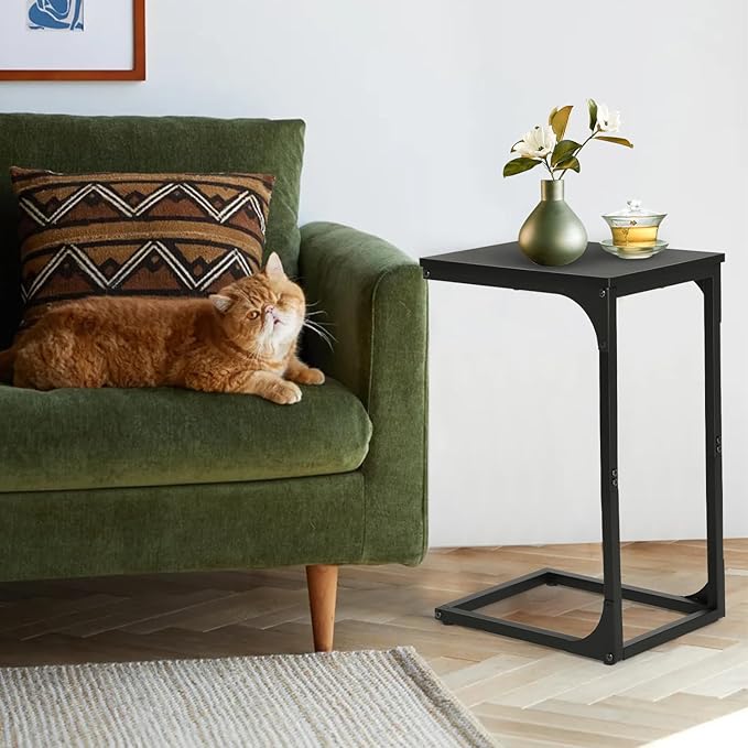 FDW C-Shaped End Table Wooden Top Side Table Adjustable Feet Small Cough Table Bedside End Table with Metal Frame for Bedroom Living Room,Set of 2,Black