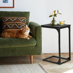 FDW C-Shaped End Table Wooden Top Side Table Adjustable Feet Small Cough Table Bedside End Table with Metal Frame for Bedroom Living Room,Black