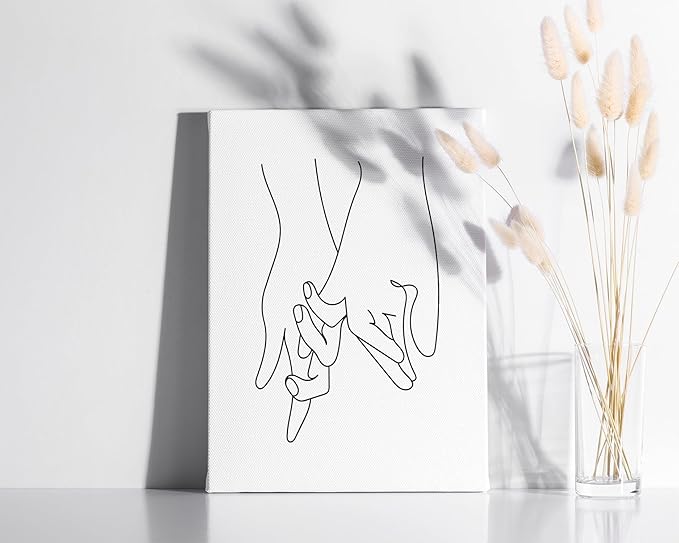 Holding Hands Wrapped Canvas Wall Art Interlocking Fingers Continuous Line Drawing Love 12x16 Inch Gallery Stretched Modern Home Art Decor