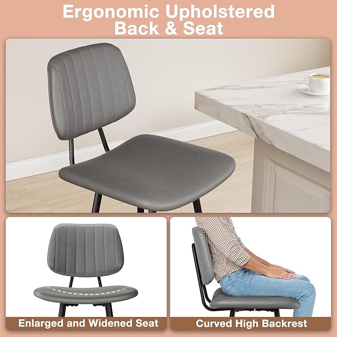 24-Inch Leather Bar Stools, Counter Height Barstools with High Backrest，Bar Chairs for Kitchen Island with Heavy Duty Metal Base, Gray