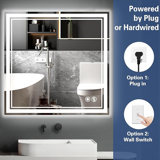 2 Pack 26“ x 26” LED Mirror for Bathroom Anti-Fog Dimmable 3 Colors LED Bathroom Mirror with Lights Memory Function Smart Mirror Touch Sensor Square Wall Mounted