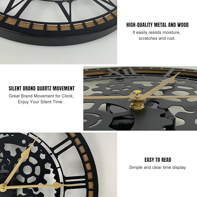 16 Inch Wall Clock, Gear Clock, Silent Non Ticking, Battery Operated Large Wall Clocks for Living Room Decor, Kitchen, Office (Vintage Industrial Steampunk)