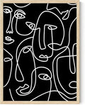 Abstract Face Pattern Wall Art Black Background White Continuous Line Drawing 12x16 Inch Oak Wood Beige Framed Modern Diverse Portrait for Living Room Decor